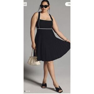 NWT Anthropologie Square-Neck Pleated Mini Black Noir Dress Size M